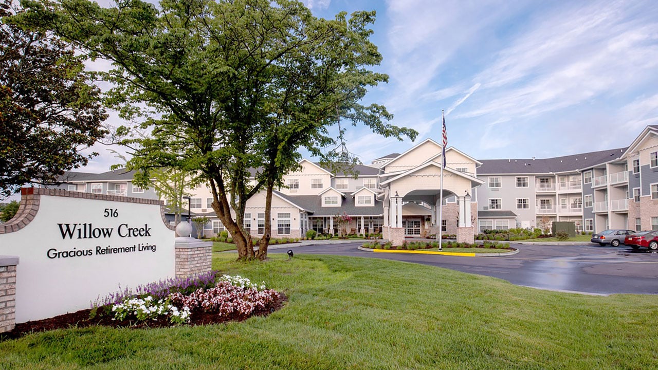 Exterior view of the Willow Creek community building and entrance